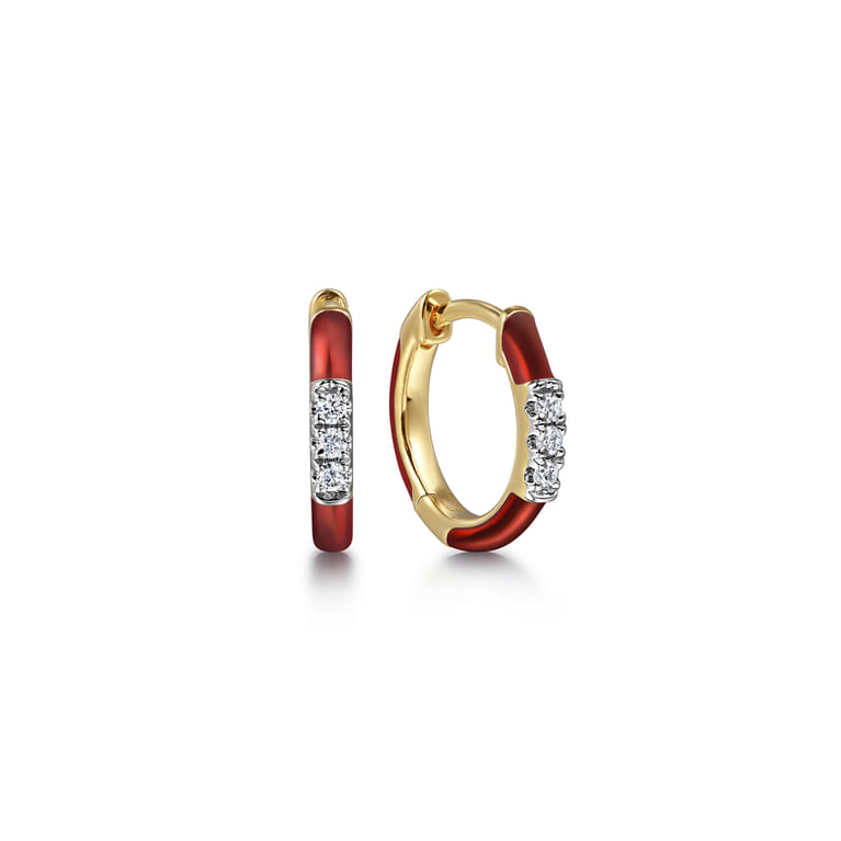 Enamel - 14K Yellow Gold Classic Diamond Huggies with Chrome Red Enamel - 0.08 ct - Shot 1