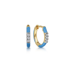 Enamel - 14K Yellow Gold Classic Diamond Huggies with Dusk Blue Enamel