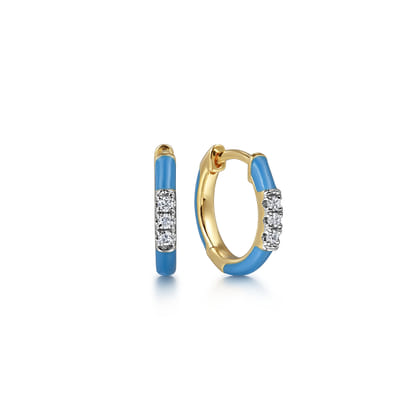 Enamel - 14K Yellow Gold Classic Diamond Huggies with Dusk Blue Enamel