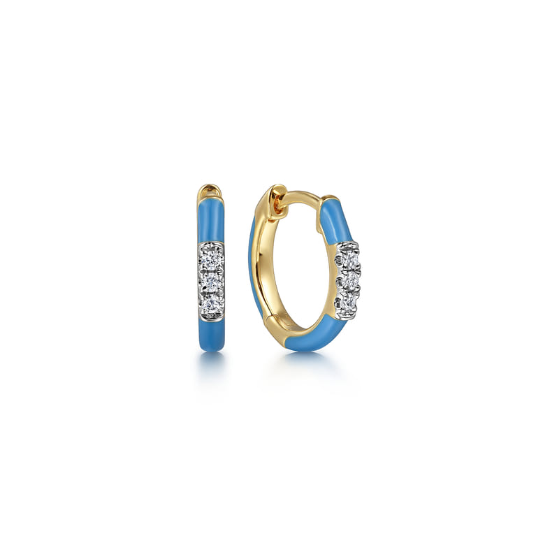 Enamel - 14K Yellow Gold Classic Diamond Huggies with Dusk Blue Enamel - 0.08 ct - Shot 1