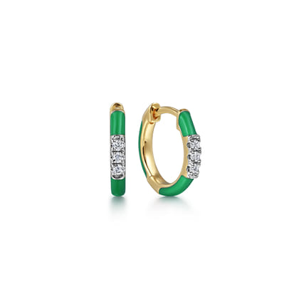 Enamel - 14K Yellow Gold Classic Diamond Huggies with Emerald Green Enamel