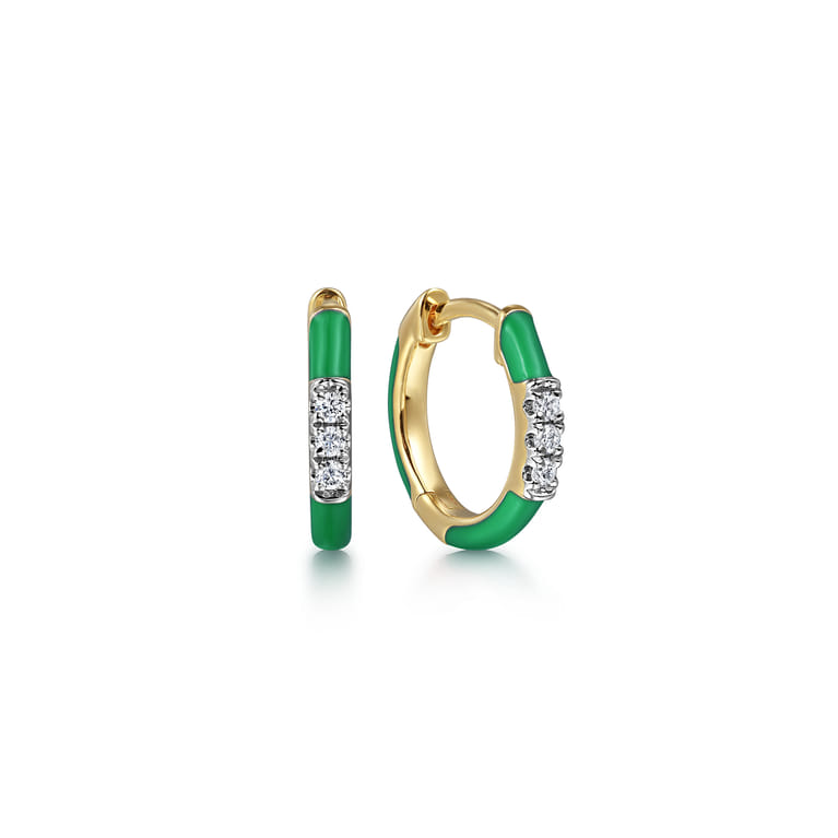 Enamel - 14K Yellow Gold Classic Diamond Huggies with Emerald Green Enamel - 0.08 ct - Shot 1