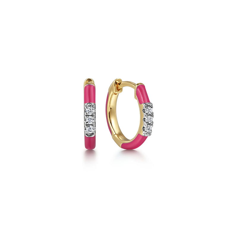 Enamel - 14K Yellow Gold Classic Diamond Huggies with Fuchsia Enamel - 0.08 ct - Shot 1