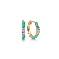 Enamel - 14K Yellow Gold Classic Diamond Huggies with Mint Green Enamel