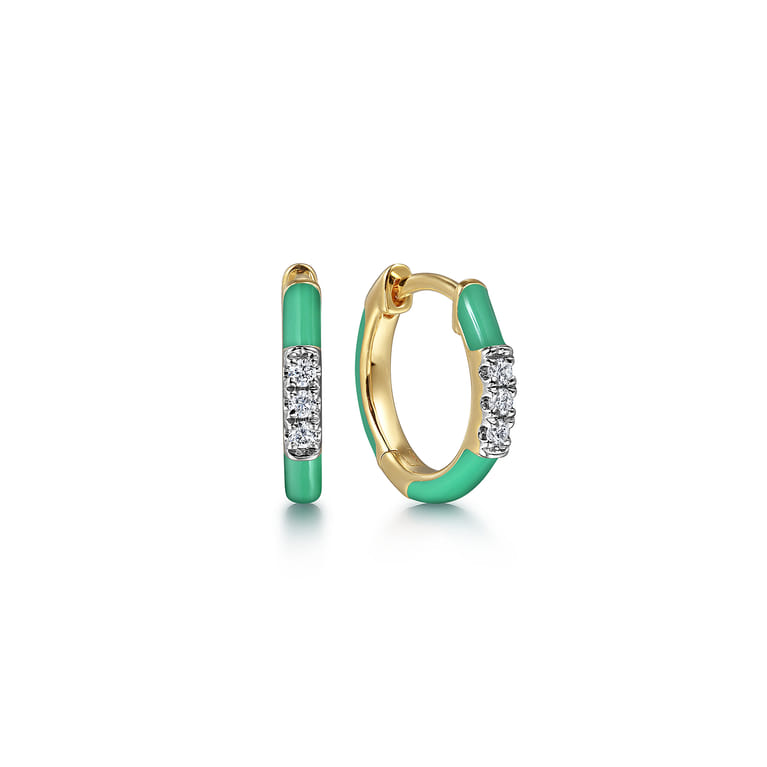 Enamel - 14K Yellow Gold Classic Diamond Huggies with Mint Green Enamel - 0.08 ct - Shot 1