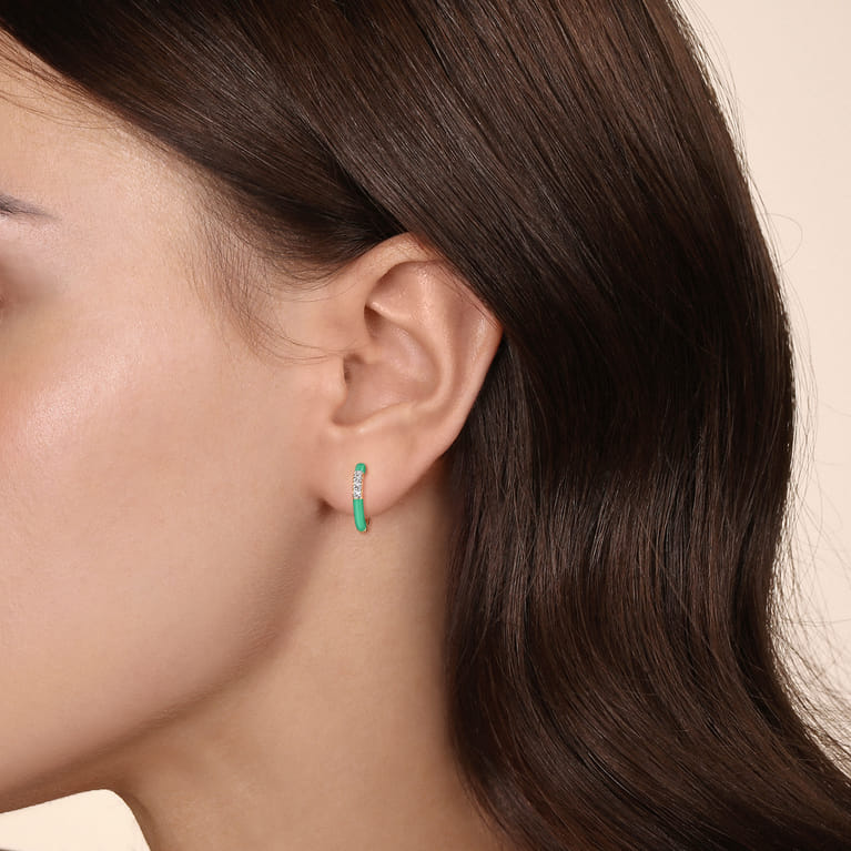 Enamel - 14K Yellow Gold Classic Diamond Huggies with Mint Green Enamel - 0.08 ct - Shot 2