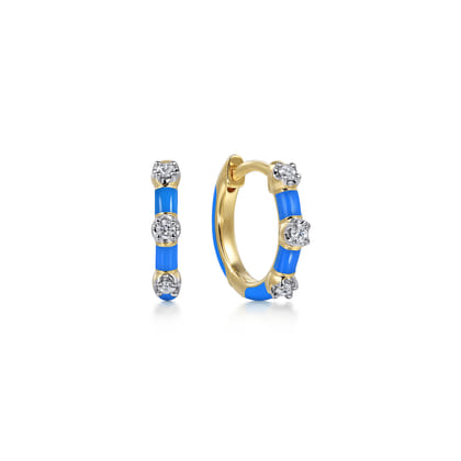 Enamel - 14K Yellow Gold Classic Diamond Station Huggies with Blue Enamel
