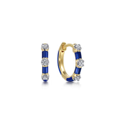 Enamel - 14K Yellow Gold Classic Diamond Station Huggies with Chrome Blue Enamel