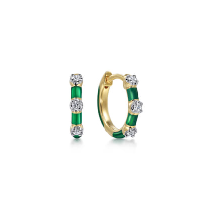 Enamel - 14K Yellow Gold Classic Diamond Station Huggies with Chrome Green Enamel