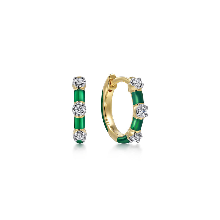 Enamel - 14K Yellow Gold Classic Diamond Station Huggies with Chrome Green Enamel - 0.1 ct - Shot 1