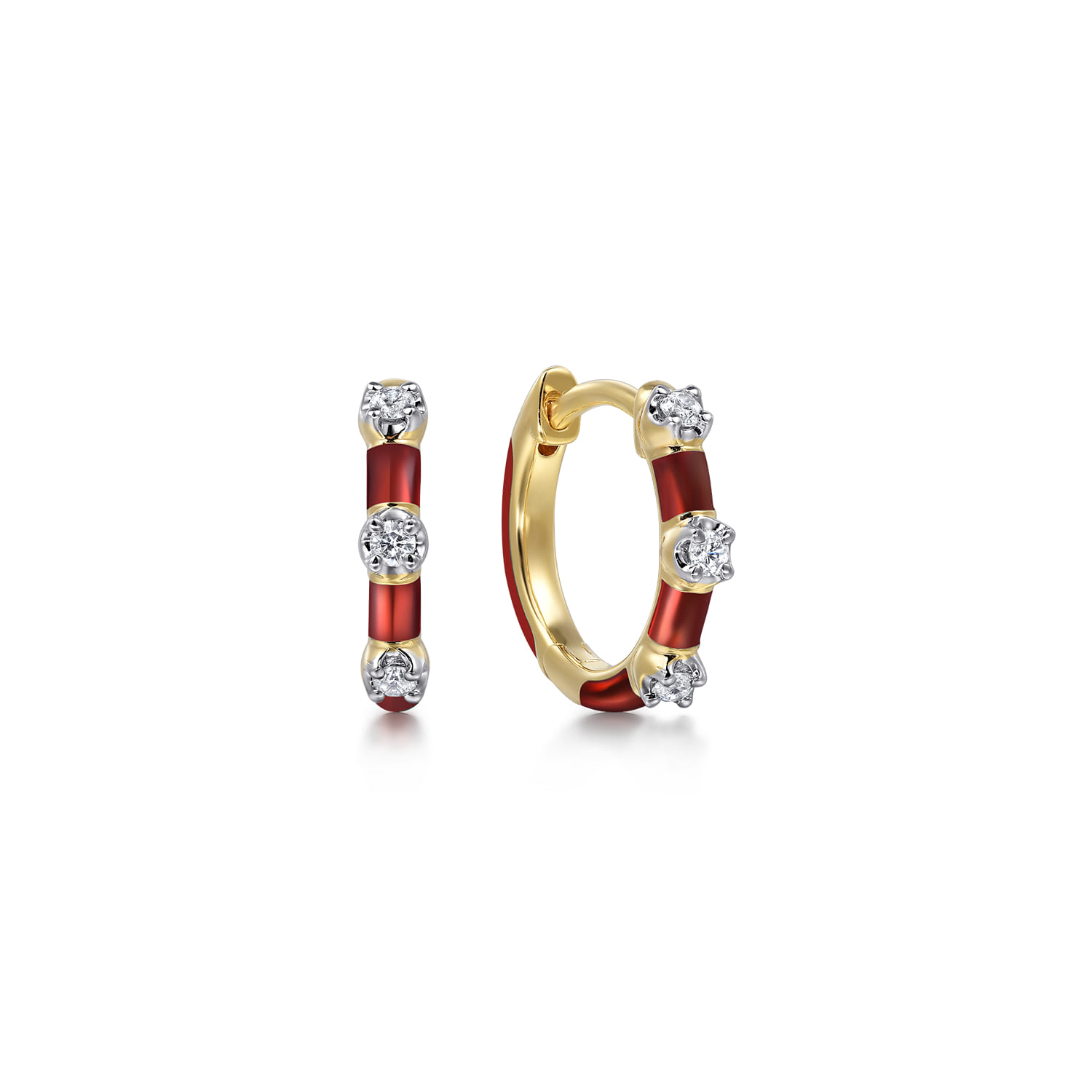 Enamel - 14K Yellow Gold Classic Diamond Station Huggies with Chrome Red Enamel - 0.1 ct - Shot 1