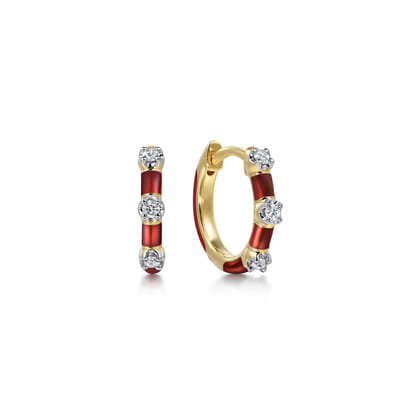 Enamel - 14K Yellow Gold Classic Diamond Station Huggies with Chrome Red Enamel
