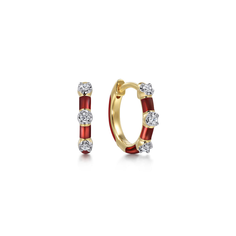 Enamel - 14K Yellow Gold Classic Diamond Station Huggies with Chrome Red Enamel - 0.1 ct - Shot 1