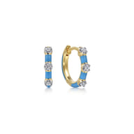 Enamel - 14K Yellow Gold Classic Diamond Station Huggies with Dusk Blue Enamel