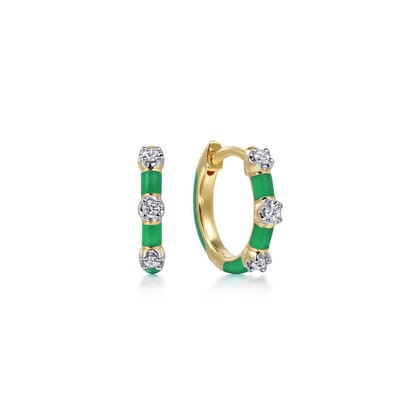 Enamel - 14K Yellow Gold Classic Diamond Station Huggies with Emerald Green Enamel