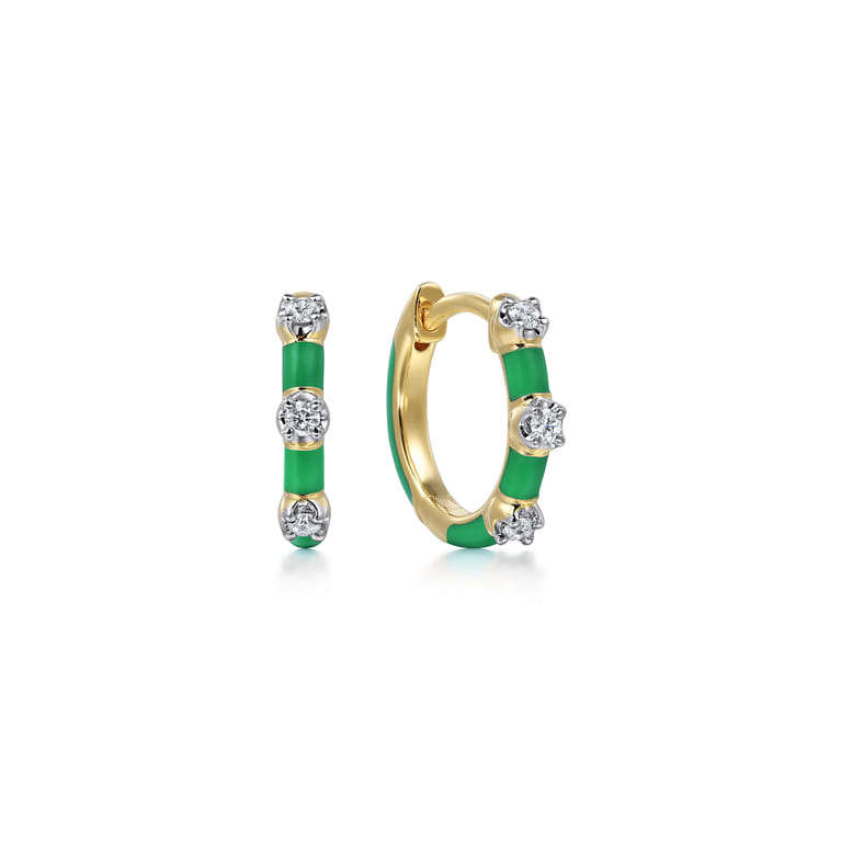 Enamel - 14K Yellow Gold Classic Diamond Station Huggies with Emerald Green Enamel - 0.1 ct - Shot 1