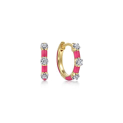 Enamel - 14K Yellow Gold Classic Diamond Station Huggies with Fuchsia Enamel