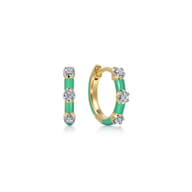 Enamel - 14K Yellow Gold Classic Diamond Station Huggies with Mint Green Enamel