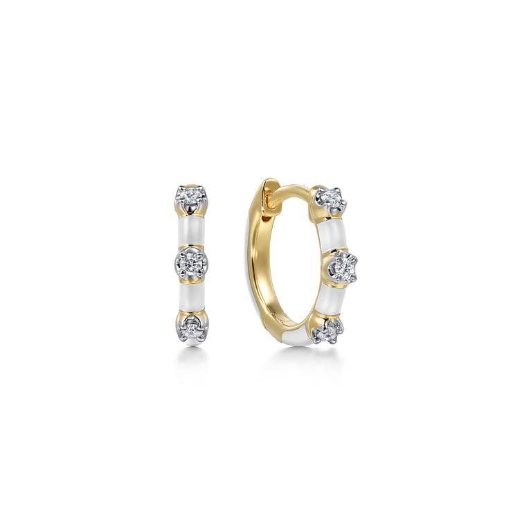 Enamel - 14K Yellow Gold Classic Diamond Station Huggies with White Enamel - 0.1 ct - Shot 1