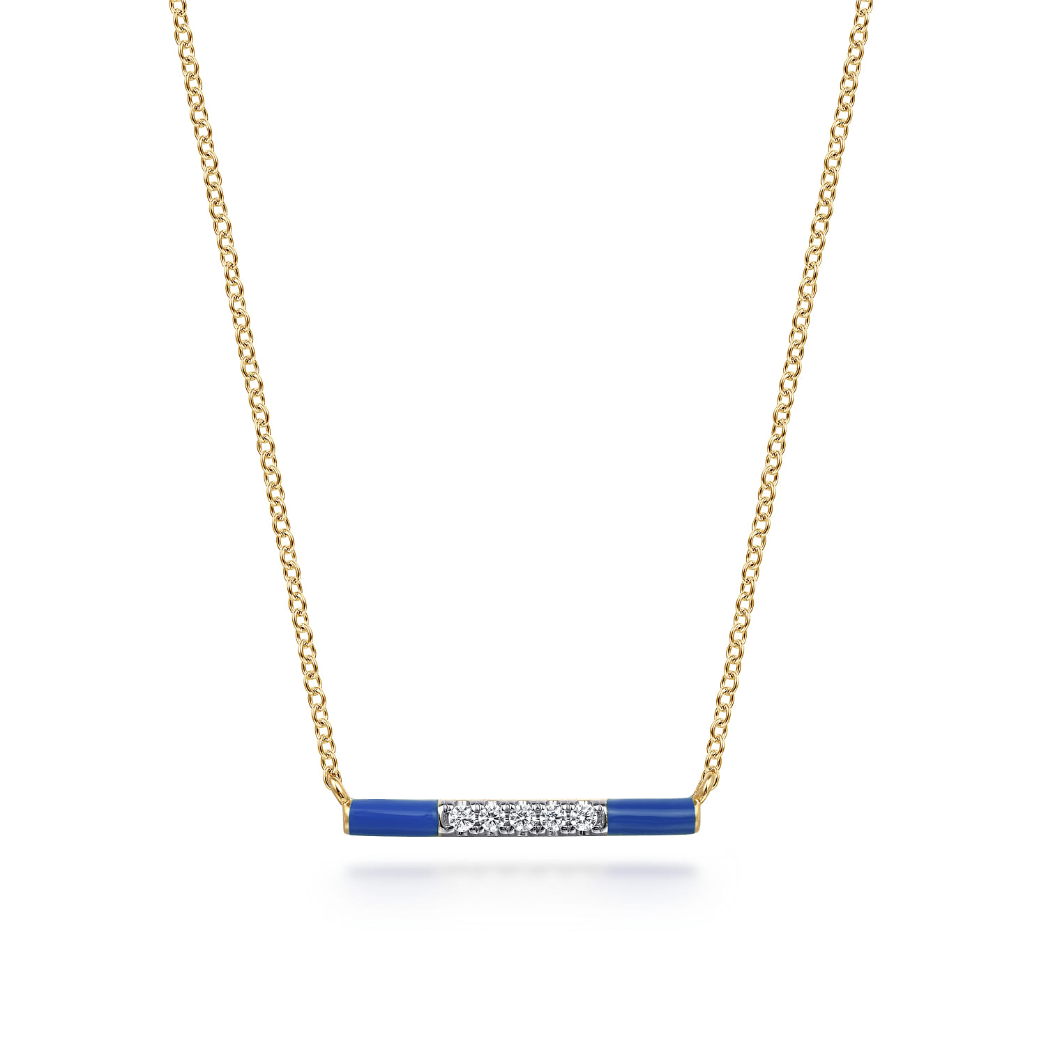 Enamel - 14K Yellow Gold Diamond Bar Necklace with Admiral Blue Enamel - 0.06 ct - Shot 1