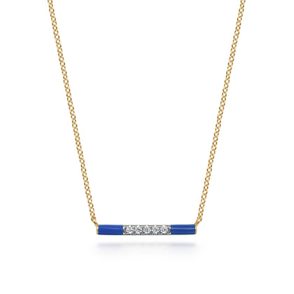 Enamel - 14K Yellow Gold Diamond Bar Necklace with Admiral Blue Enamel