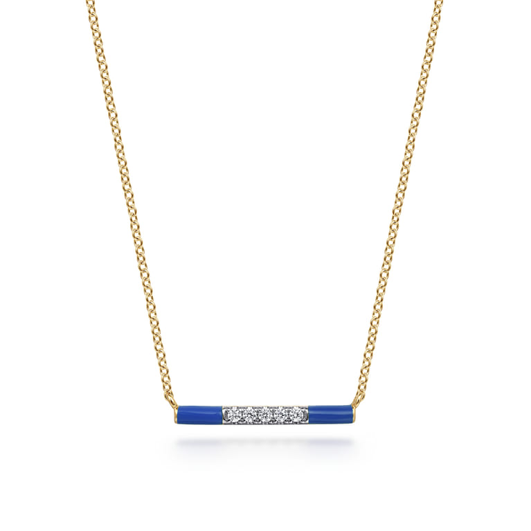 Enamel - 14K Yellow Gold Diamond Bar Necklace with Admiral Blue Enamel - 0.06 ct - Shot 1