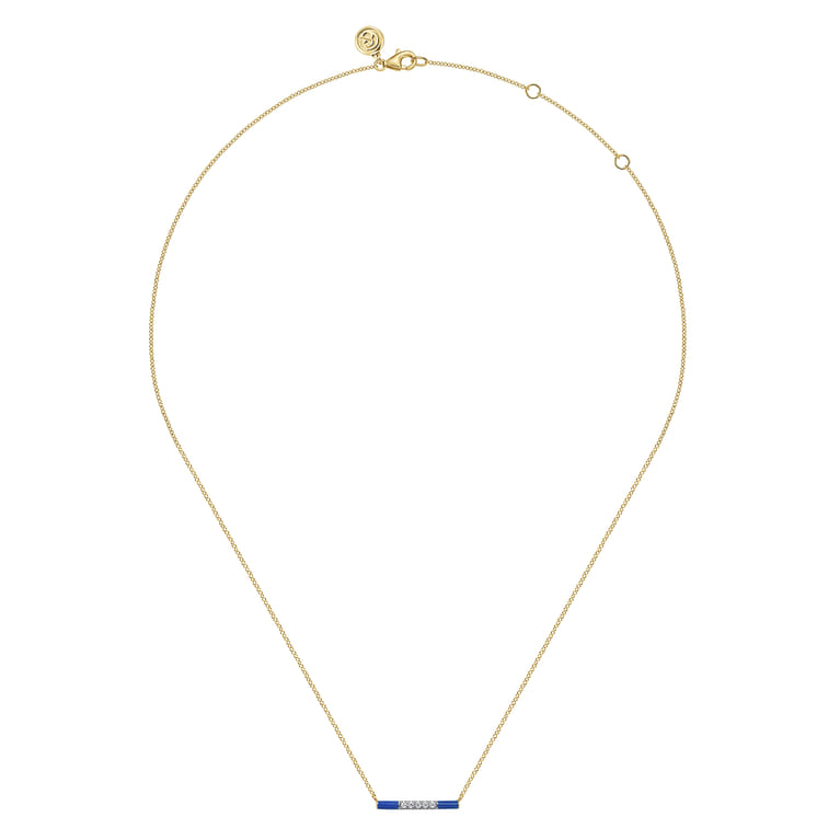 Enamel - 14K Yellow Gold Diamond Bar Necklace with Admiral Blue Enamel - 0.06 ct - Shot 2