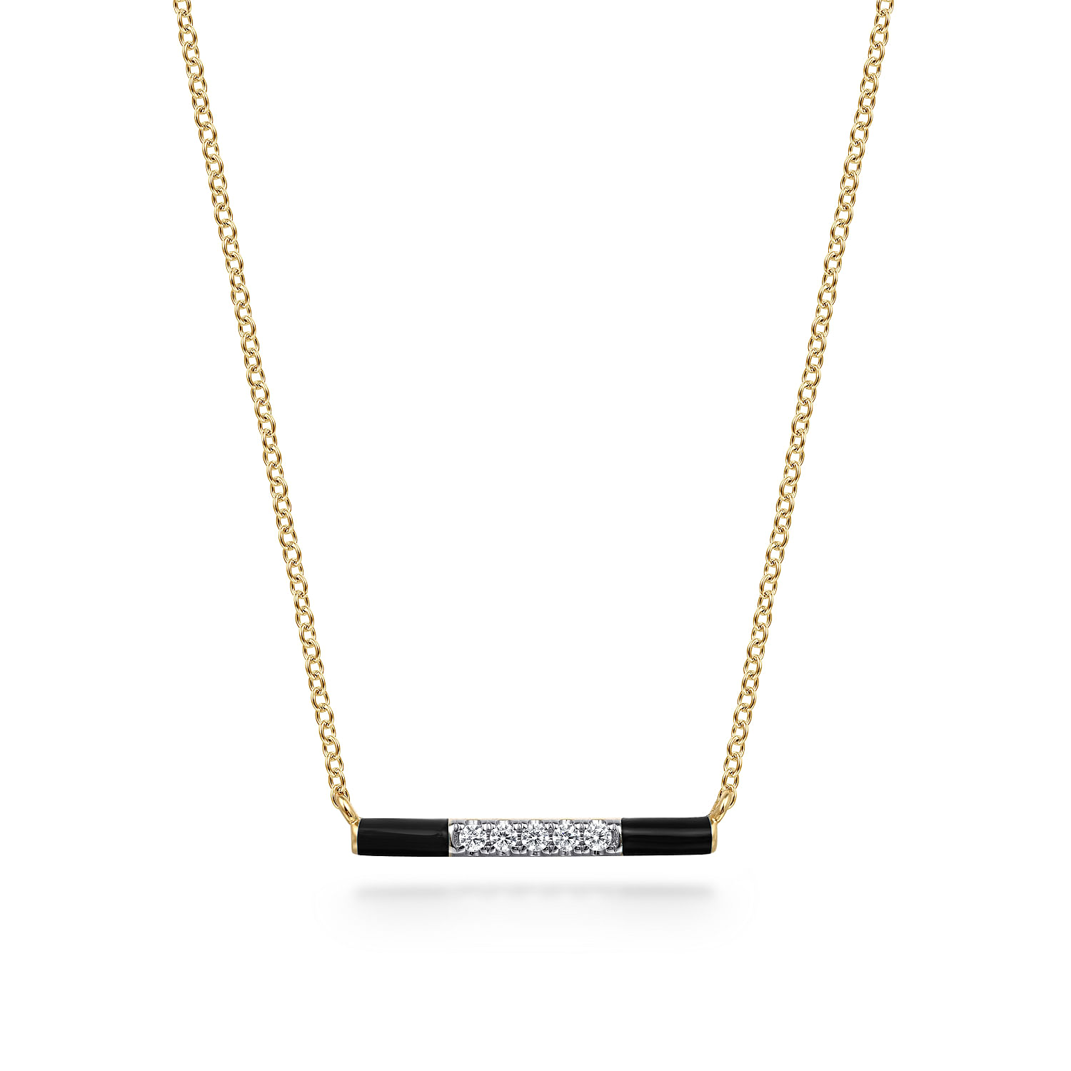 Enamel - 14K Yellow Gold Diamond Bar Necklace with Black Enamel