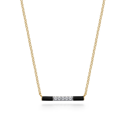 Enamel - 14K Yellow Gold Diamond Bar Necklace with Black Enamel