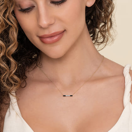 Enamel - 14K Yellow Gold Diamond Bar Necklace with Black Enamel