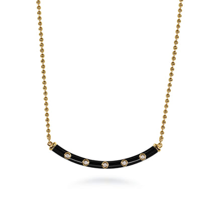 Enamel - 14K Yellow Gold Diamond Bar Necklace with Black Enamel