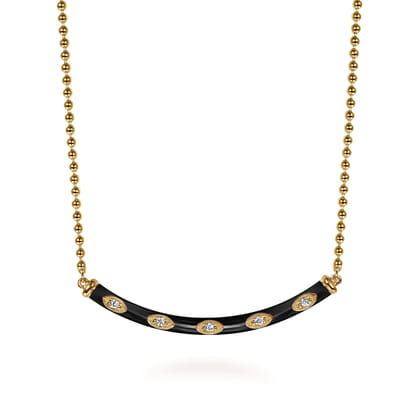 Enamel - 14K Yellow Gold Diamond Bar Necklace with Black Enamel