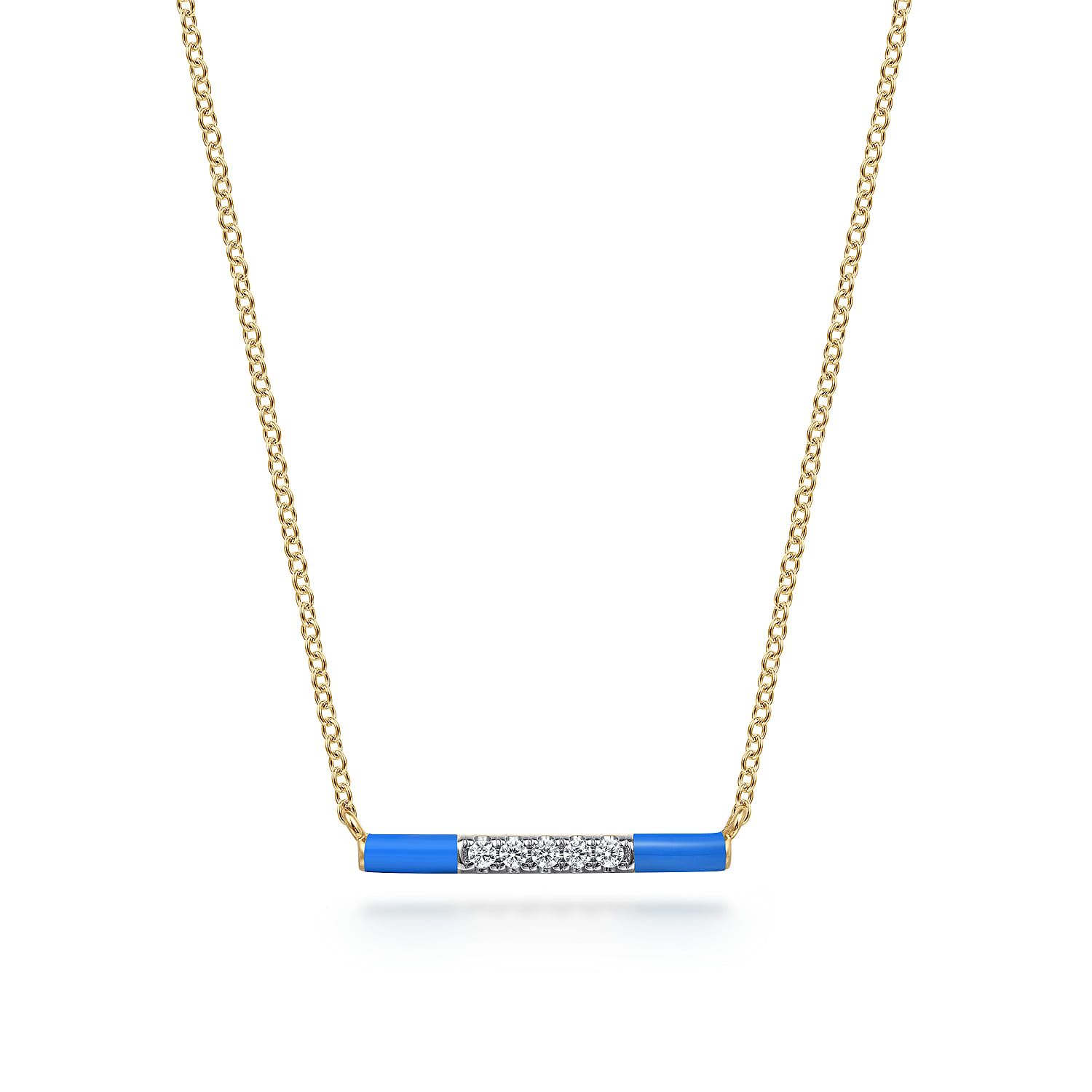 Enamel - 14K Yellow Gold Diamond Bar Necklace with Blue Enamel - 0.06 ct - Shot 1
