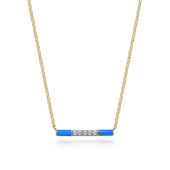 Enamel - 14K Yellow Gold Diamond Bar Necklace with Blue Enamel