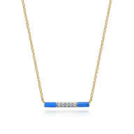 Enamel - 14K Yellow Gold Diamond Bar Necklace with Blue Enamel