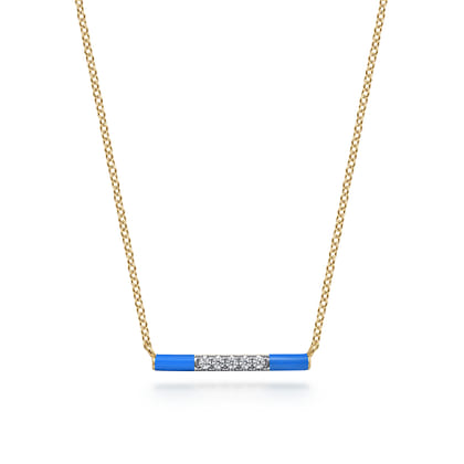 Enamel - 14K Yellow Gold Diamond Bar Necklace with Blue Enamel