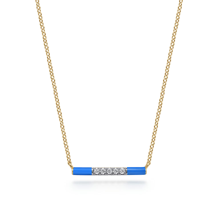 Enamel - 14K Yellow Gold Diamond Bar Necklace with Blue Enamel - 0.06 ct - Shot 1