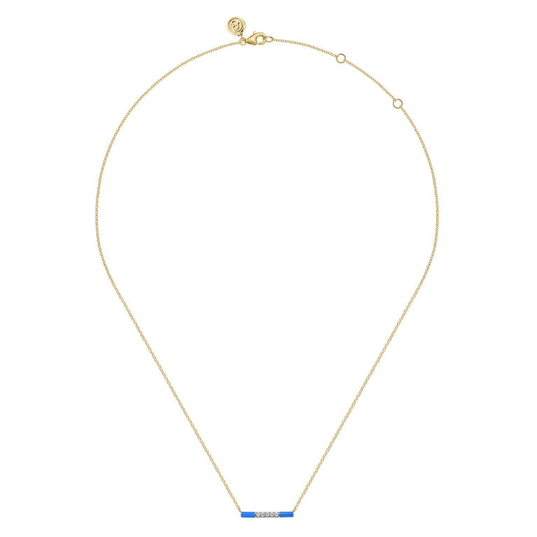 Enamel - 14K Yellow Gold Diamond Bar Necklace with Blue Enamel - 0.06 ct - Shot 2