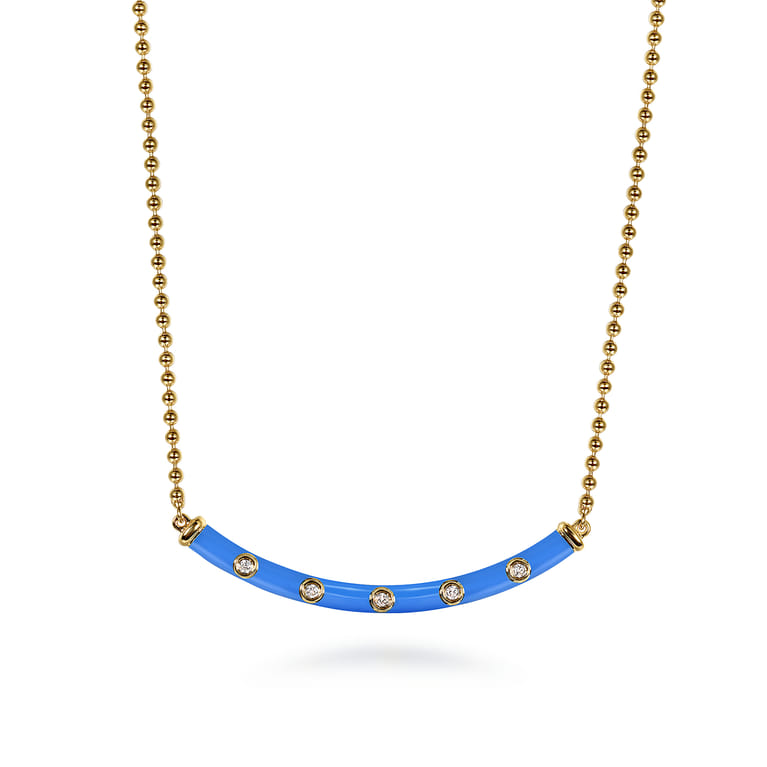 Enamel - 14K Yellow Gold Diamond Bar Necklace with Blue Enamel - 0.09 ct - Shot 1