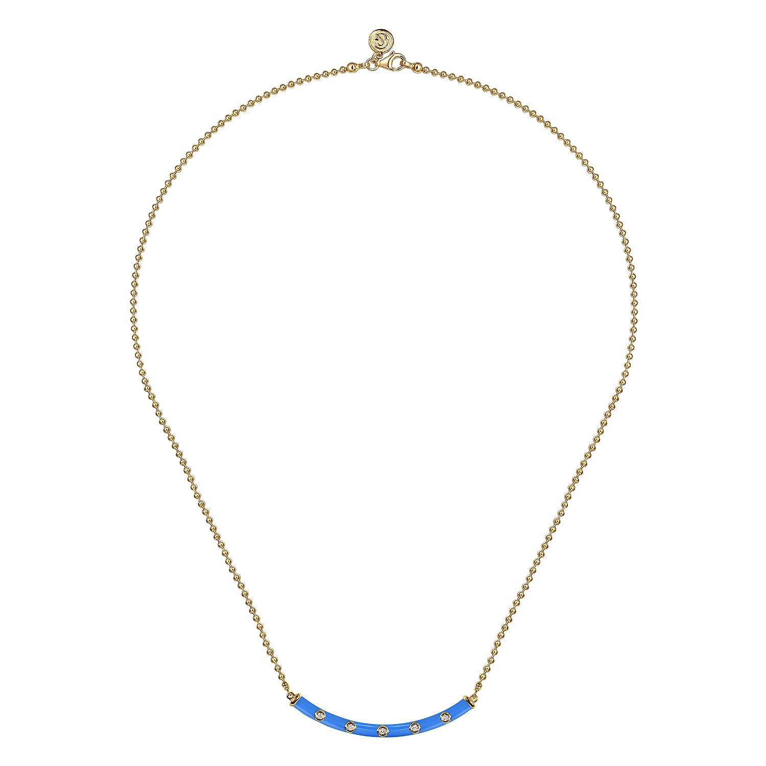 Enamel - 14K Yellow Gold Diamond Bar Necklace with Blue Enamel