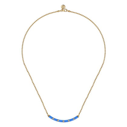 Enamel - 14K Yellow Gold Diamond Bar Necklace with Blue Enamel