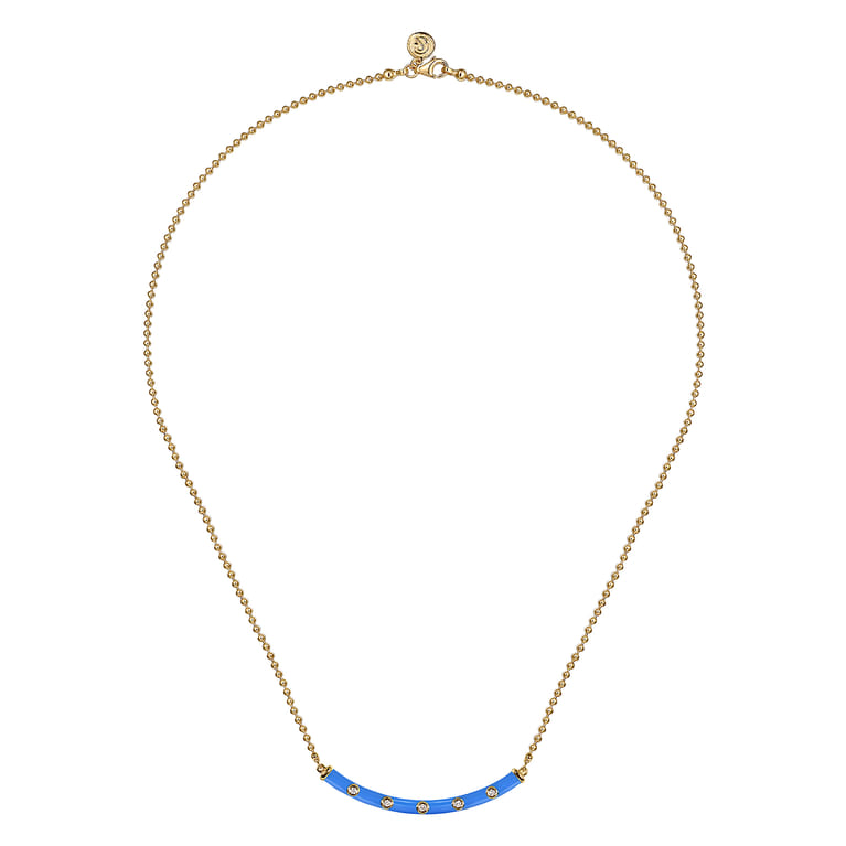 Enamel - 14K Yellow Gold Diamond Bar Necklace with Blue Enamel - 0.09 ct - Shot 2