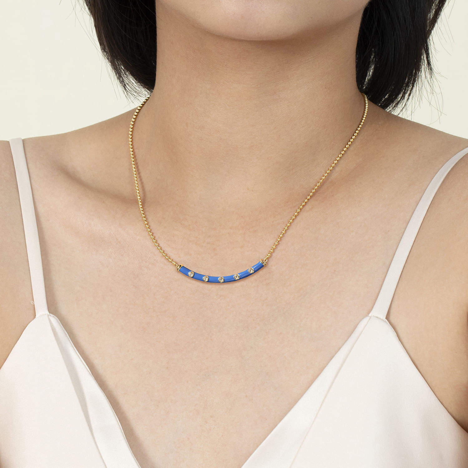 Enamel - 14K Yellow Gold Diamond Bar Necklace with Blue Enamel
