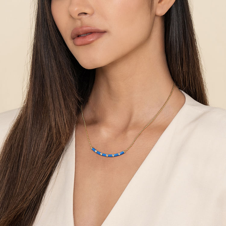 Enamel - 14K Yellow Gold Diamond Bar Necklace with Blue Enamel
