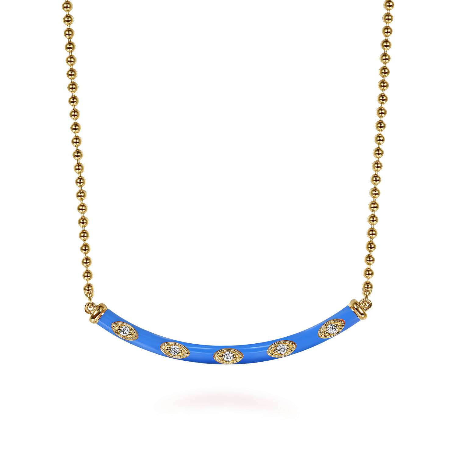 Enamel - 14K Yellow Gold Diamond Bar Necklace with Blue Enamel - 0.09 ct - Shot 1