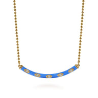 Enamel - 14K Yellow Gold Diamond Bar Necklace with Blue Enamel