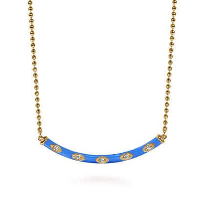 Enamel - 14K Yellow Gold Diamond Bar Necklace with Blue Enamel