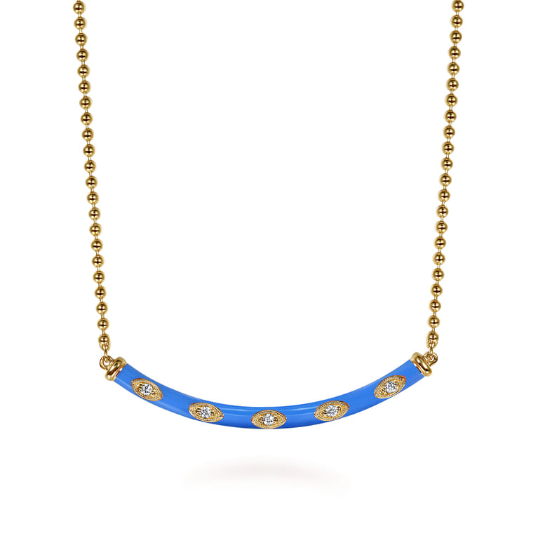 Enamel - 14K Yellow Gold Diamond Bar Necklace with Blue Enamel - 0.09 ct - Shot 1