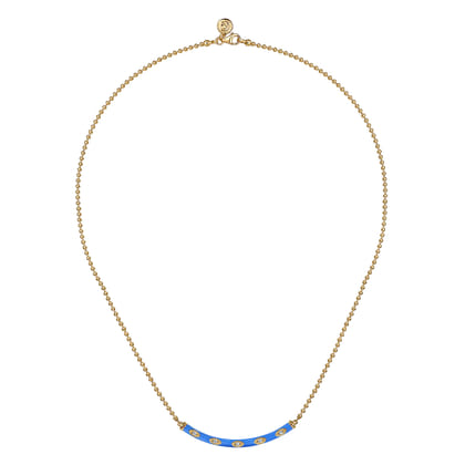 Enamel - 14K Yellow Gold Diamond Bar Necklace with Blue Enamel