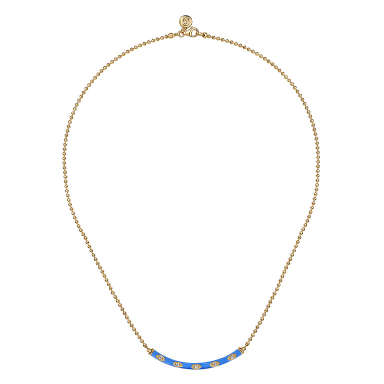 Enamel - 14K Yellow Gold Diamond Bar Necklace with Blue Enamel - 0.09 ct - Shot 2